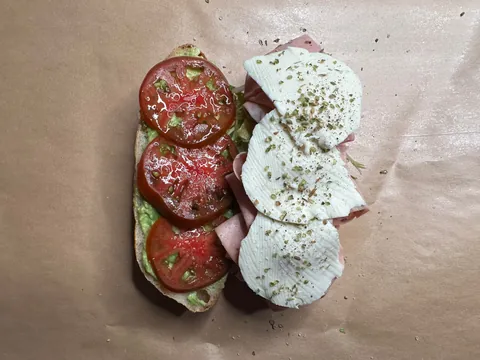 Mortadella, mozzarella, and avocado on [homemade] sandwich roll