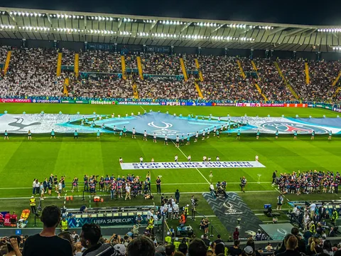 Banner at the UEFA Super Cup final between PSG &amp; Tottenham about Palestinians: "Stop killing children. Stop killing civilians."
