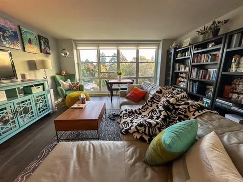 My cozy apartment living room, right before dusk.