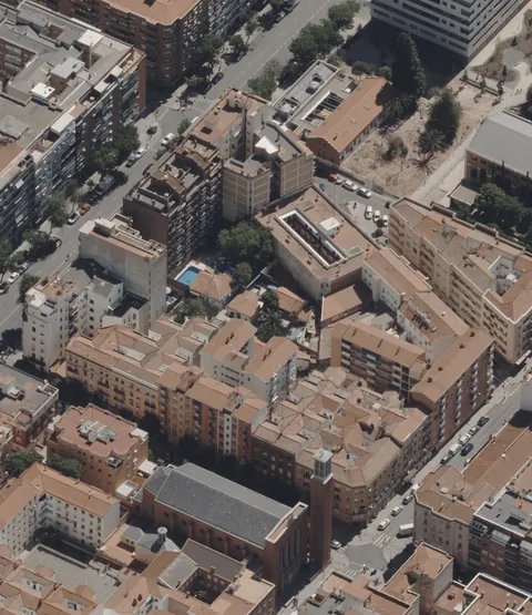 A glitchy city block in Madrid