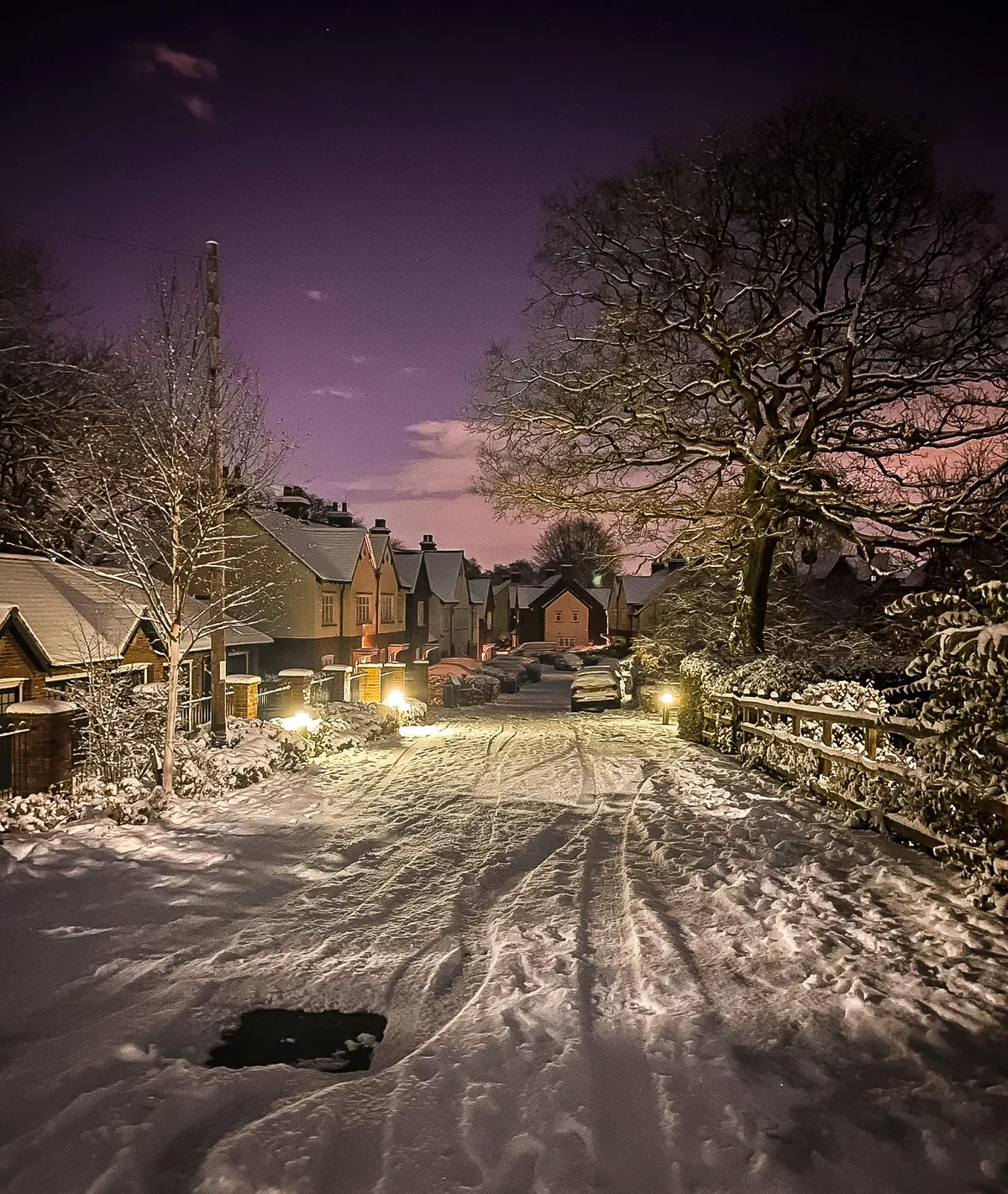 ITAP of a snowy British cul-de-sac at night