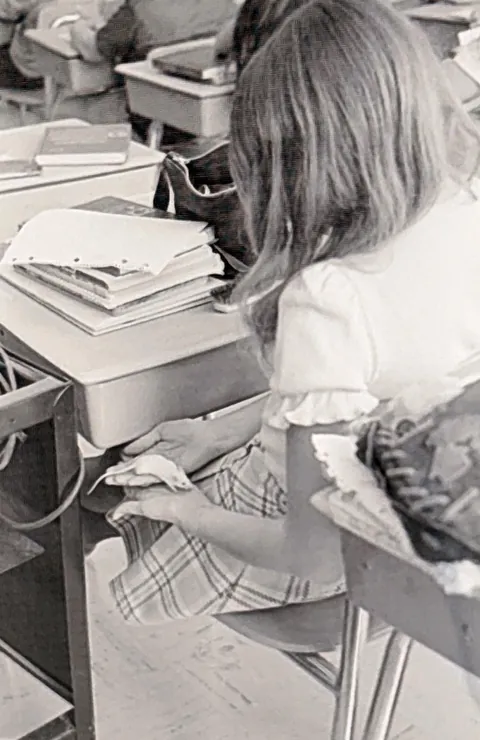 Rough phone scans of film in a camera bag from an estate sale - 1970s school photo day, Chicago area!