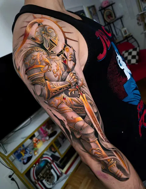 Finished Knight Inspired by Dark Souls. Work done by Laura Marie at End Times Tattoo in Rochester NY
