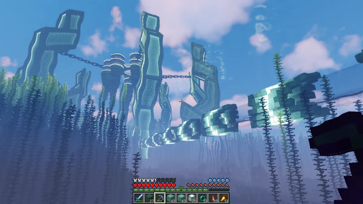 I was working on the underwater railway seen on the right and while checking if everything is correct I screenshotted this epic view of my ocean base. The world is on day 2442 atm, it's a singleplayer survival.
