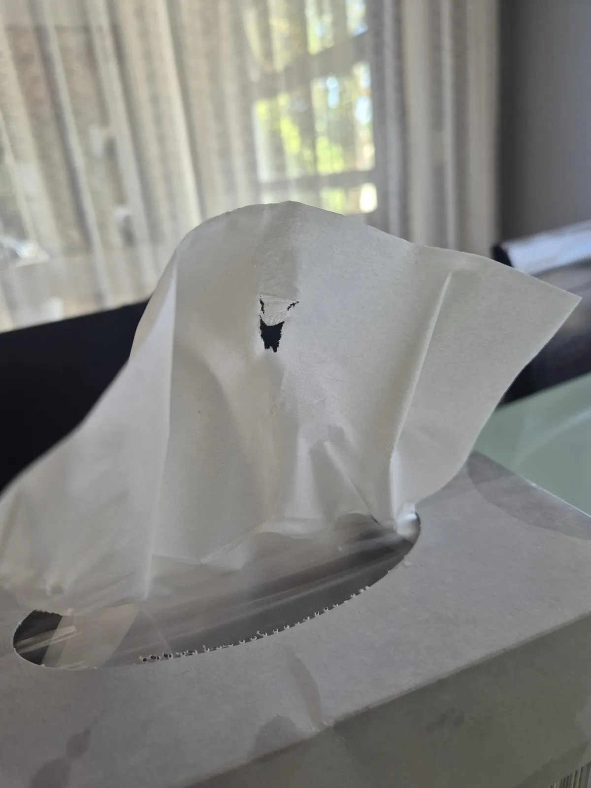 Tear in a tissue made it look like a smiling ghost