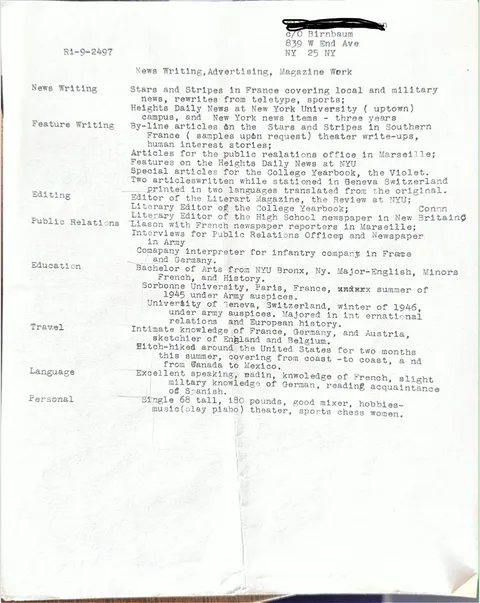My grandfather just passed away at 100 years old. Found his resume from 1946 (just home from the War) among his things…