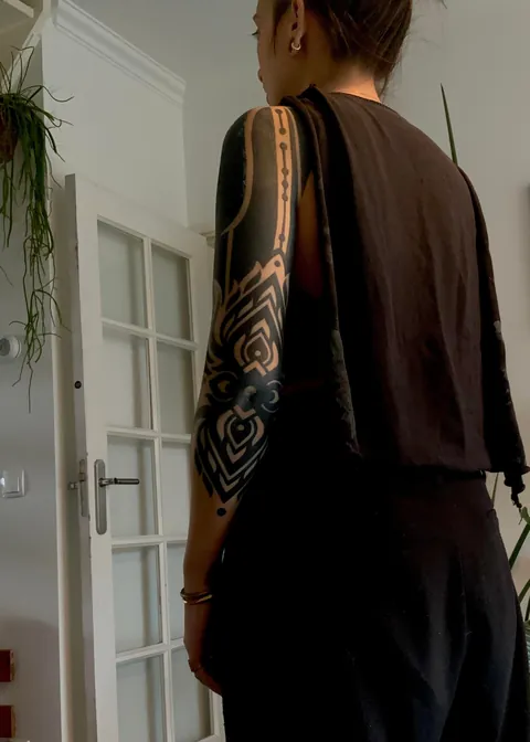 Blackwork sleeve in progress by Pol in Amsterdam, The Netherlands at Hachi Ink