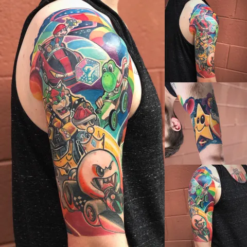 Rainbow Road half sleeve by Shane at Terminus City Tattoo in Duluth, GA.