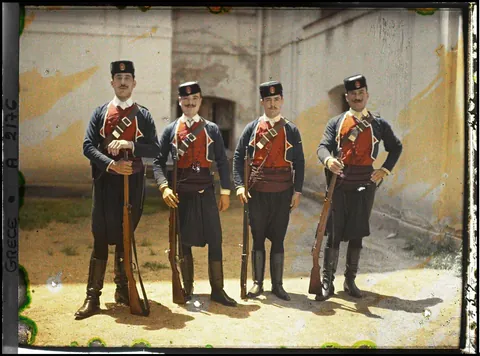 Greek soldiers in their uniforms, posing for a photo, 24 of May 1913. Autochrome shots