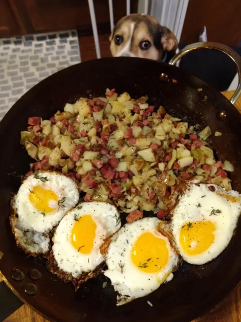 Corned beef hash and fried eggs