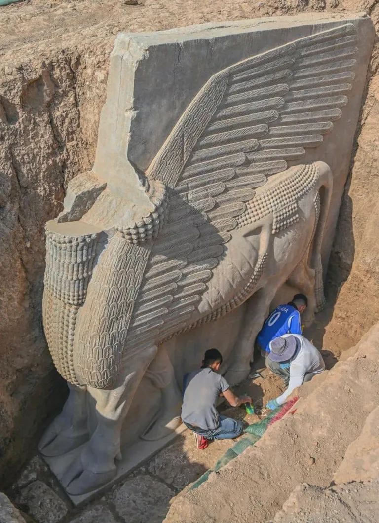 A Massive 2700-Year-Old, 18-Ton Statue Of An Assyrian Deity That Was Excavated In Iraq In November 2023