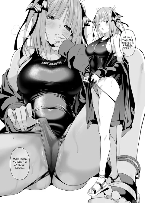 A different swimsuit for each sister: gold string bikini for Ichika, stylish one piece for Nino, revealing ass one piece for Miku, underboobs shot bikini for Yotsuba and stylish bikini with veil skirt for Itsuki (The Quintessential Quintuplets - A Fifth of Romance (Doujinshi)) (4why, Bad Mushrooms)