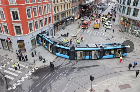 A tram just derailed and crashed into an Apple Store in Oslo, Norway 