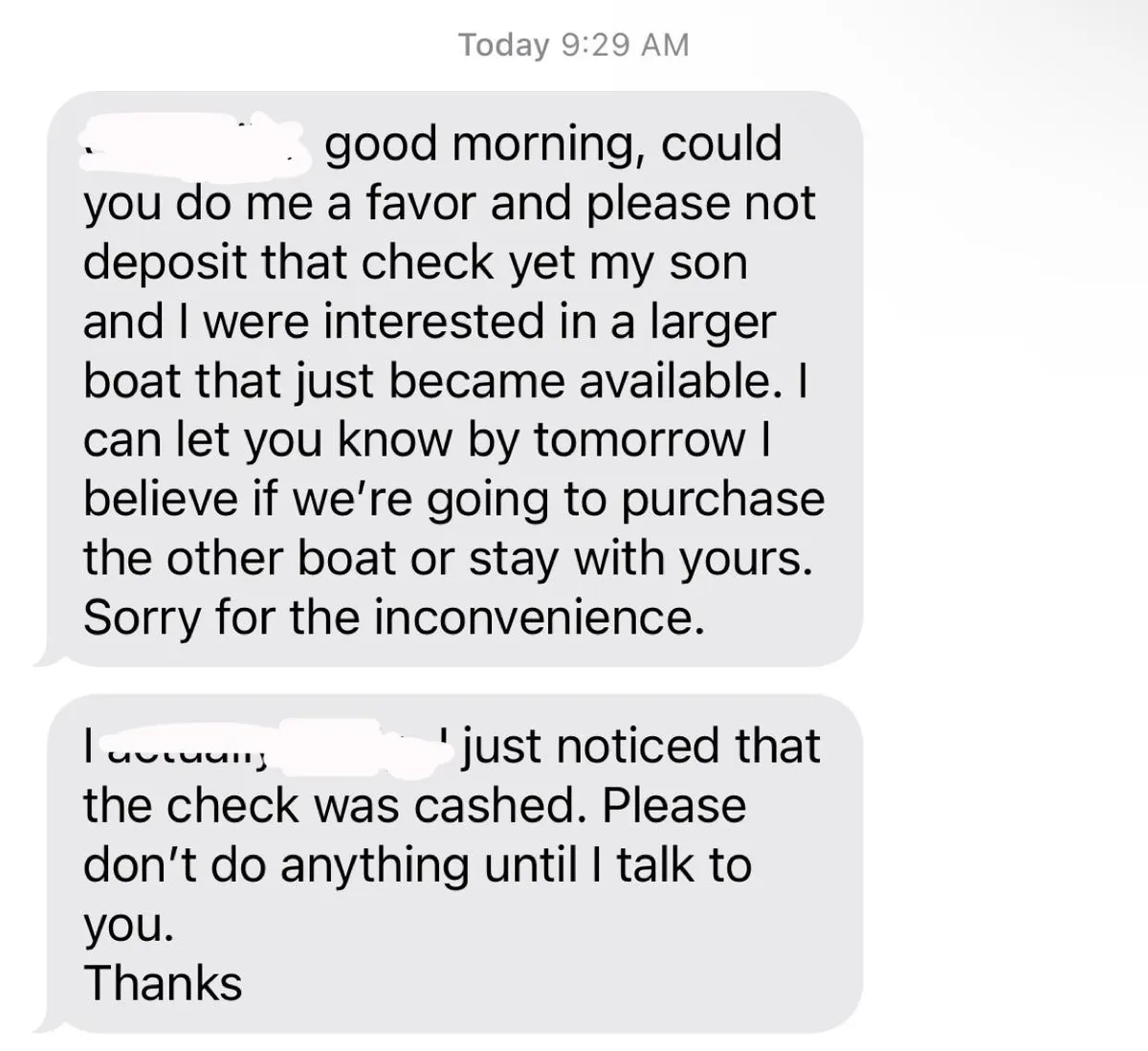 Sold boat, cashed check, then receive this