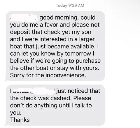 Sold boat, cashed check, then receive this