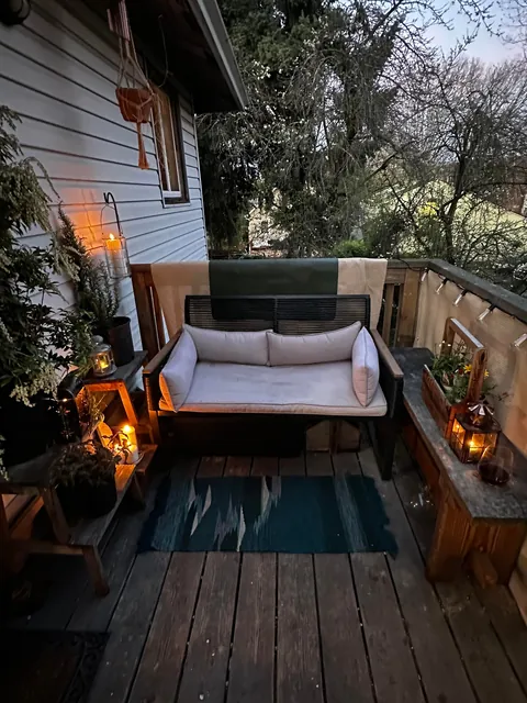 Making my tiny porch into a tiny cozy space. Dusk, day and night.