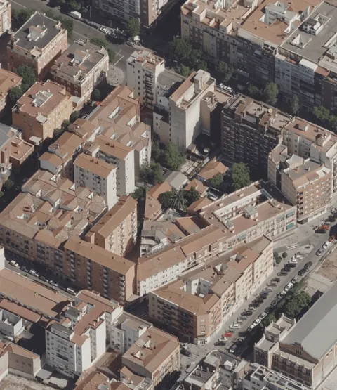 A glitchy city block in Madrid