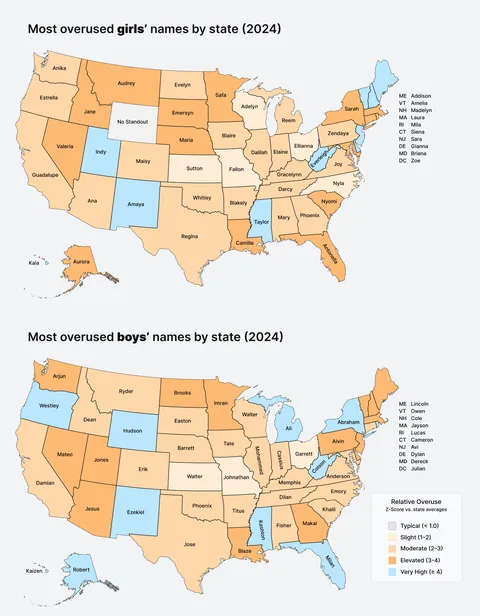 [OC] Most "Overused" Baby Names in Each State (2024)