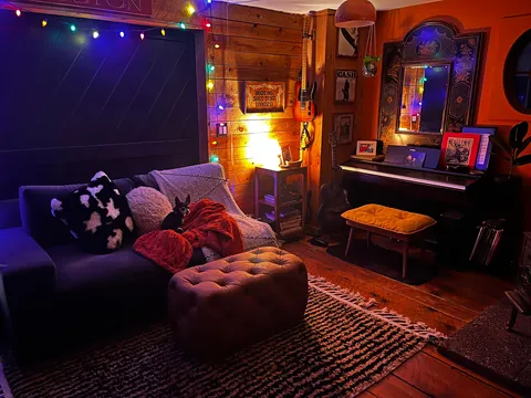 Cozy vibes in my music room with the moon in view out the window