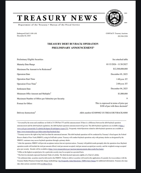 Treasury Debt Buyback Dec 3rd - $12,500,000,000