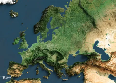 Shaded relief map of Europe, rended from 3D data and satellite imagery
