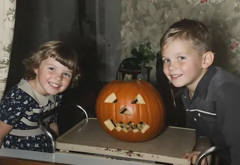 Oc: My brother and me with our carved jack 'o lattern 1957