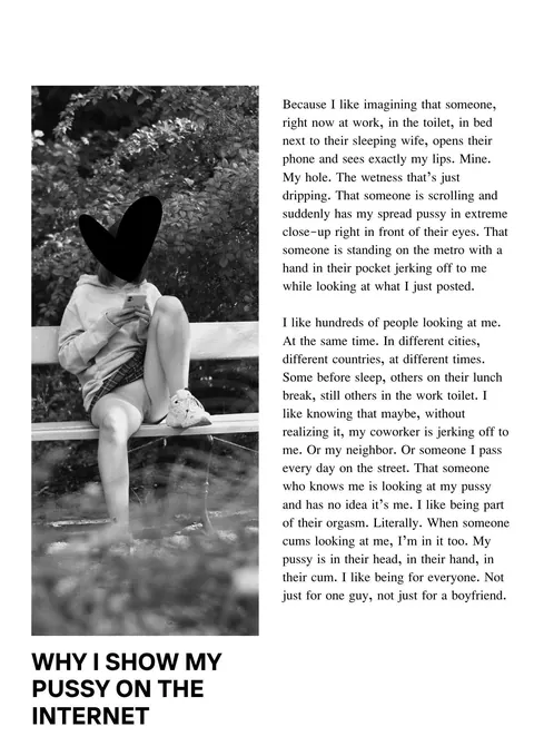 I try to turn public nudity into art, and art into public nudity. Here, my version of pussy flashing in the park. What do you think?