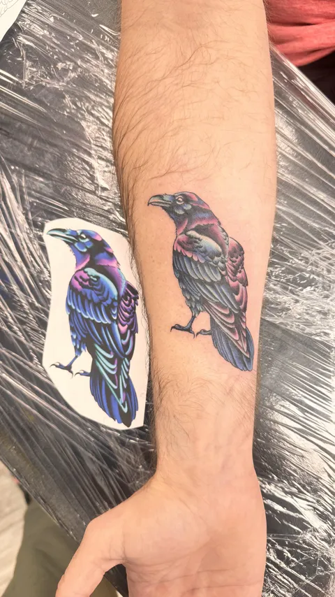 Iridescent Crow- done by Brandy @ Lucky Street Tattoo New Bern, North Carolina