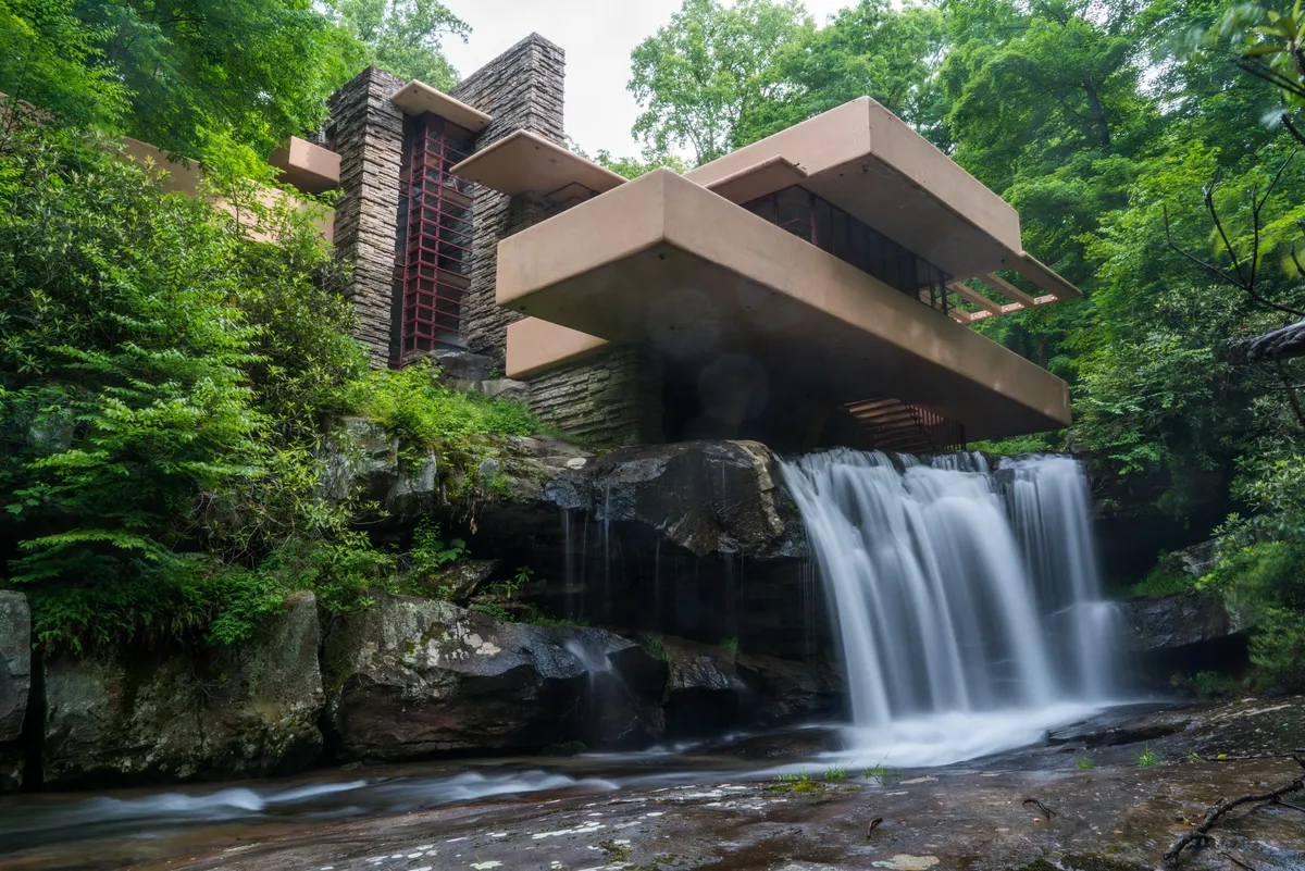 Fallingwater viewed from under the waterfall [building][OC]