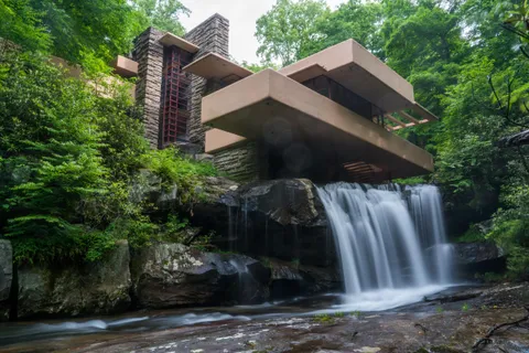 Fallingwater viewed from under the waterfall [building][OC]