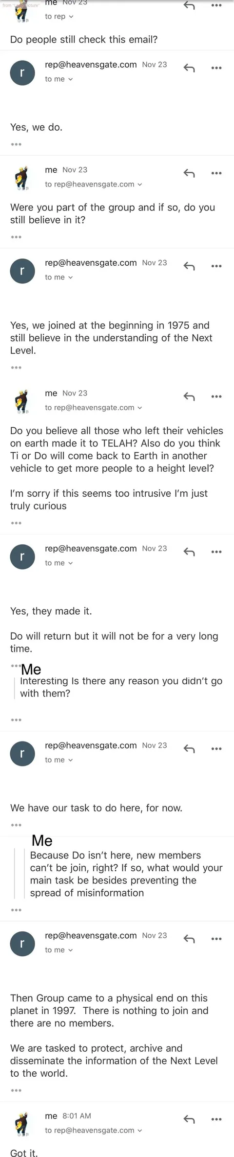 Someone is still answering...The Heaven's Gate 'ghost' server is a 30-year active operation, from the original 1997 source to real email replies received in 2026