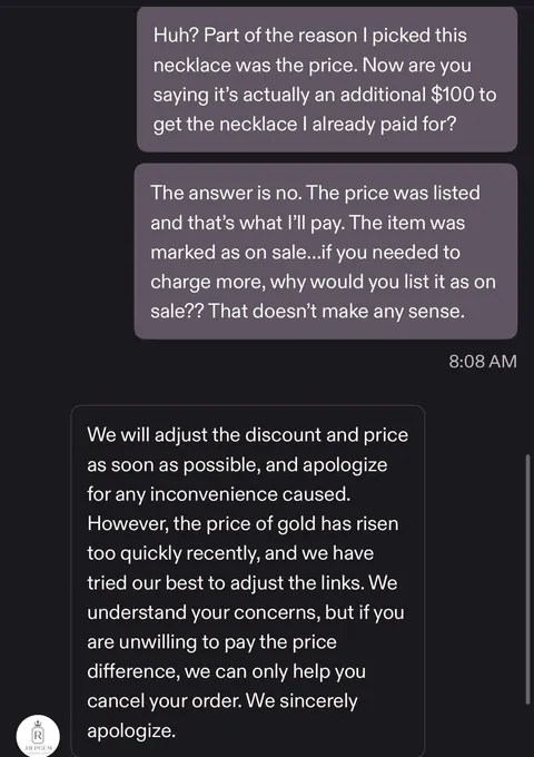 Listing an item on sale and then demanding more money after it’s paid for