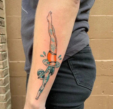 Diving girl done by Jimi Myers @ No Regrets Tattoo Emporium in Memphis, TN