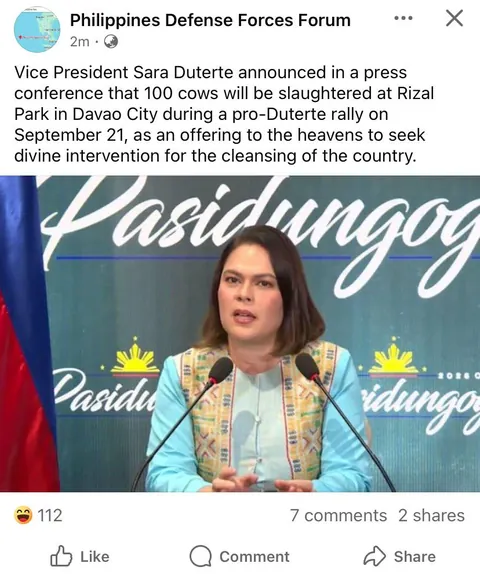 For whatever reason, VP Sara is going to have 100 cows slaughtered in Davao City during a pro-Duterte rally on Sunday as an “offering to the heavens”