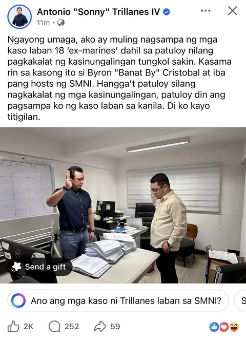 Trillanes once again files cases against the 18 “ex-Marines” that made some serious allegations against him, along with DDS vlogger Banat By and the SMNI hosts