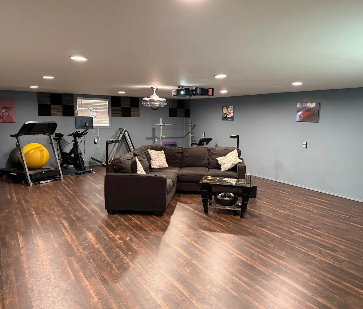 Finished the 2nd floor of my garage into a Home Theatre and Gym.