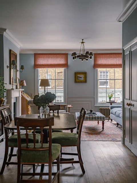 Living and dining space with light hues in a renovated Georgian flat, Marylebone, London, UK [1536x2048]