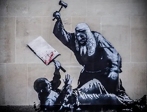 Justice, Banksy, spraypaint, 2025