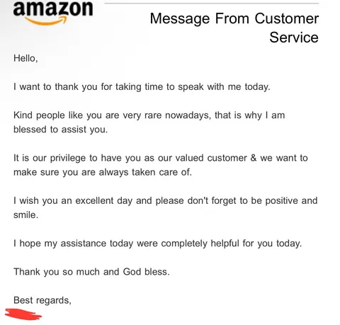 Customer Service rep from Amazon sends me this because I said “please” &amp; “thank you”