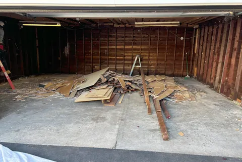 Garage Renovation White Gray Red Stripe
