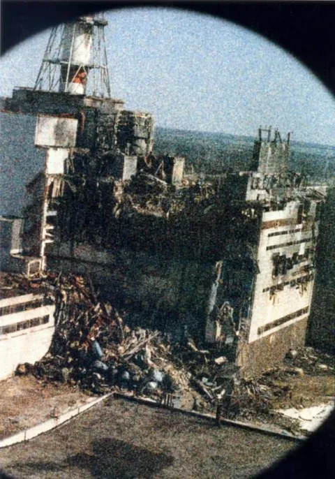 This is the only existing photo of Chernobyl taken on the morning of the nuclear accident. The heavy grain is due to the huge amount of radiation in the air that began to destroy the camera film the second it was exposed.