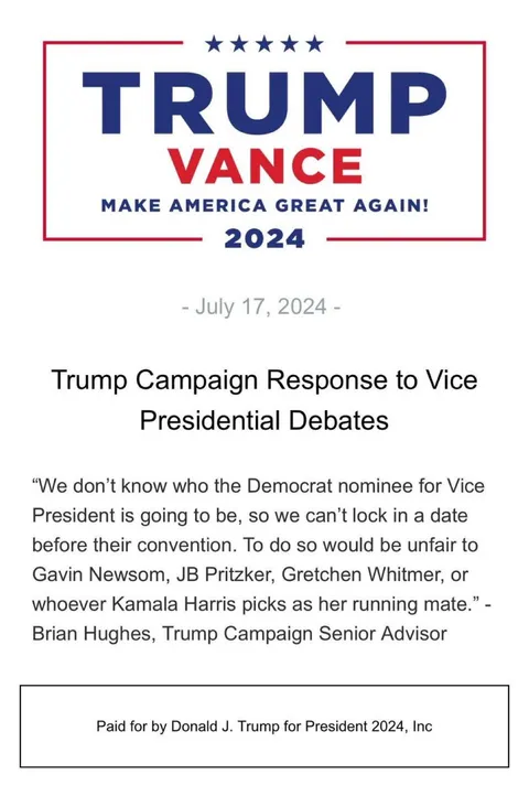 New Trump Campaign Statement on VP debates