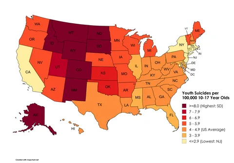 [OC] Annual Youth Suicides per 100,000 10-17 Year Old's by US State (2009-2023)