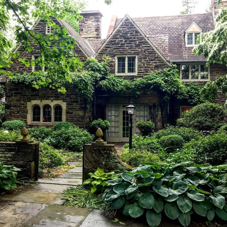 Chestnut Hill house surrounded by verdant gardens after the rain, Northwest Philadelphia, Pennsylvania [1080×1080]