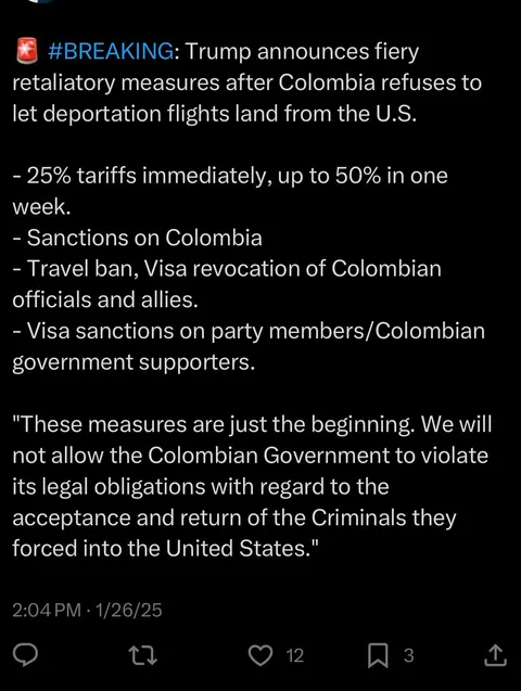 Trump imposes tariffs and sanctions on Colombia effective immediately