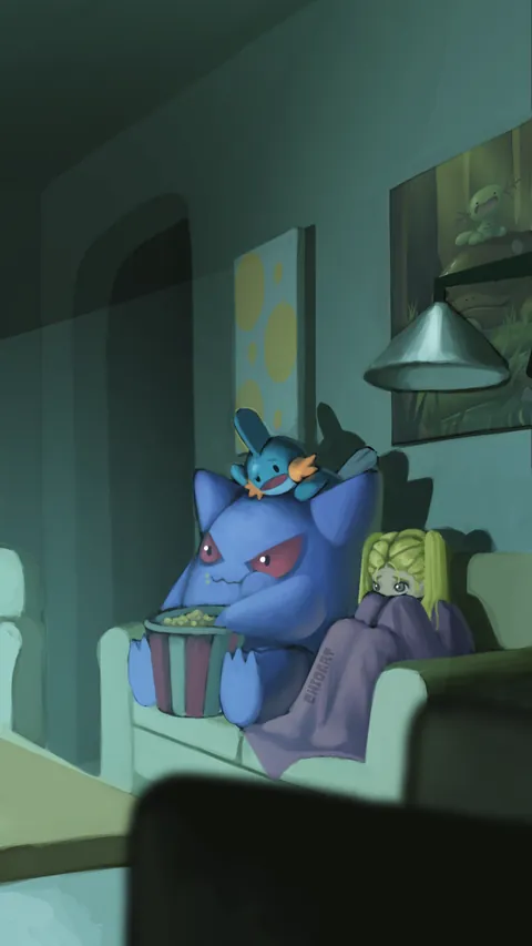 [OC] Spooktober Pokémon Illustration #4 – Gengar Watching a Horror Movie 👻🍿