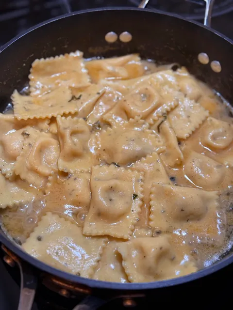 [homemade] Leftover cheesy potato filled ravioli in a sage and lemon turkey gravy sauce