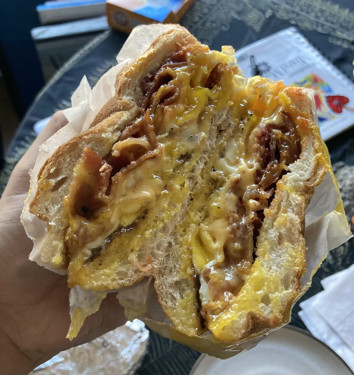 [I ate] bacon, egg, and cheese on a roll with salt, pepper, and ketchup