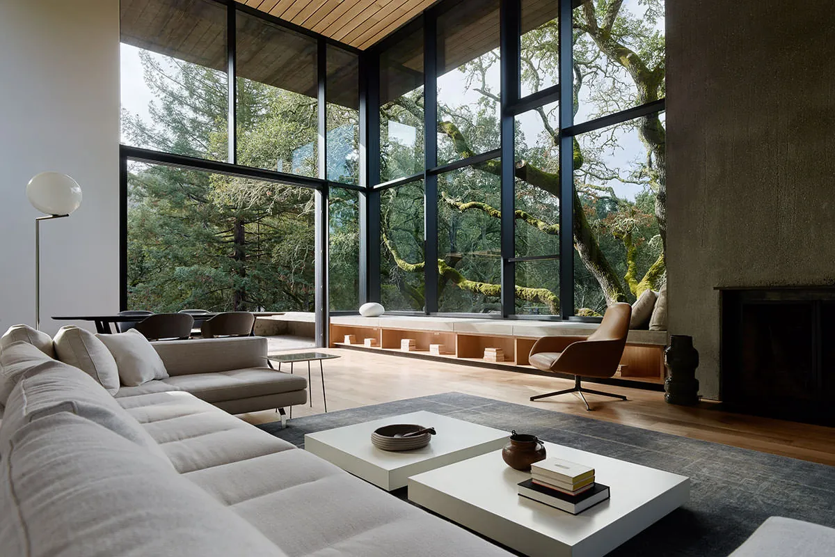 Tall and spacious living room opening up to a patio and garden surrounded with mature oak trees, Orinda, Contra Costa County, California [1200×800]