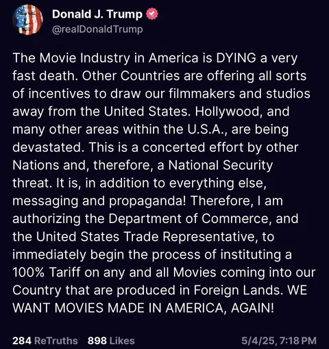 POTUS declares movies filmed outside the US are a "national security threat" 🤦‍♀️